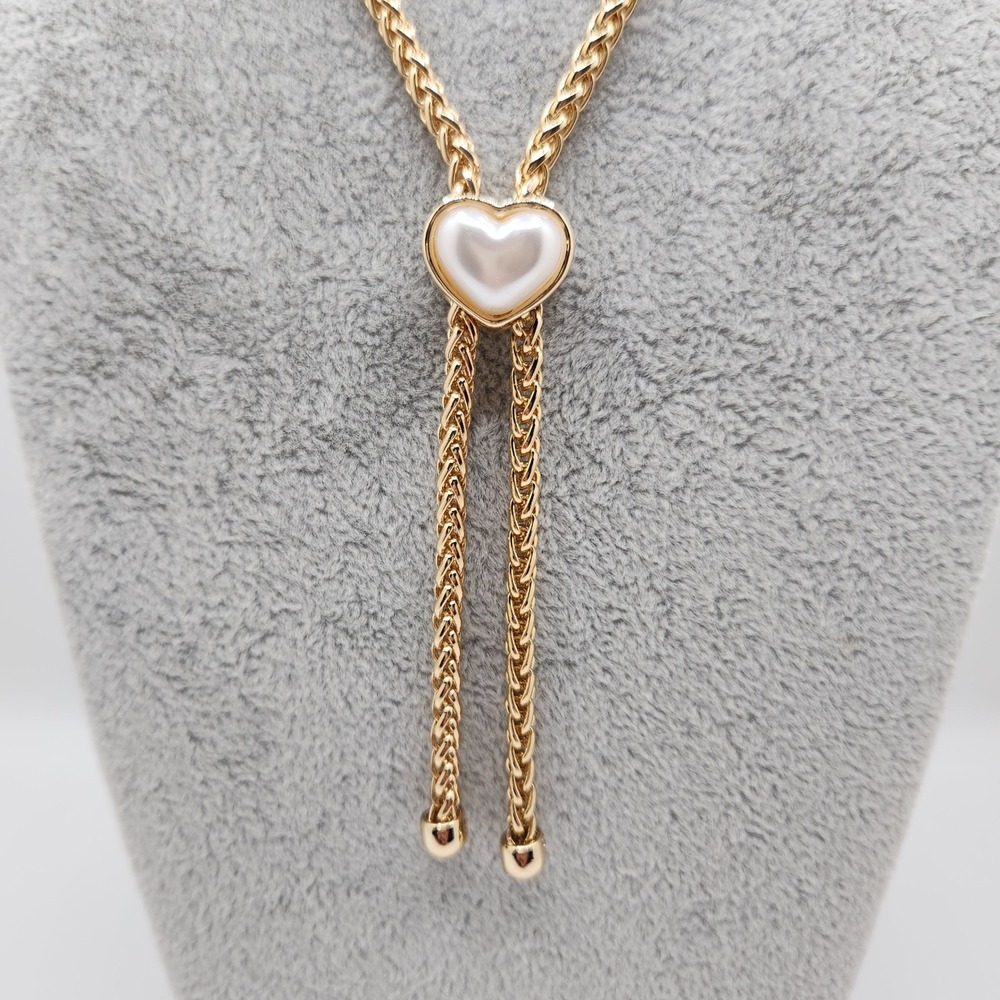 Victorian Revival Gold Puffy Pearl Heart Lariat Necklace 16" Coquette NEW